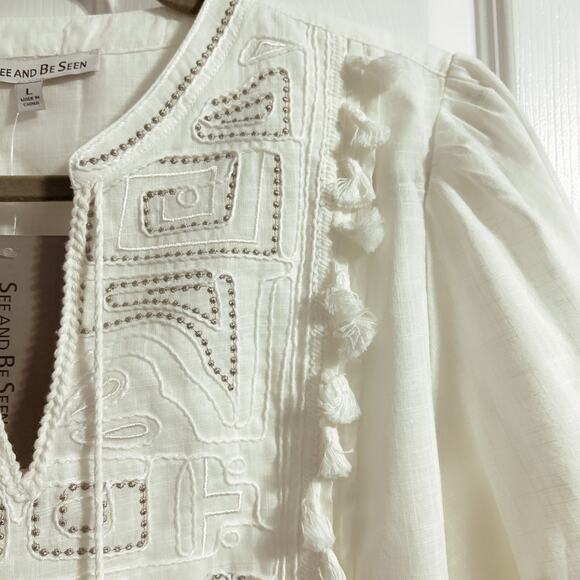 See and Be Seen Cotton Blouse White Size Large Silver Embroidery Poms NWT - Picture 5 of 9